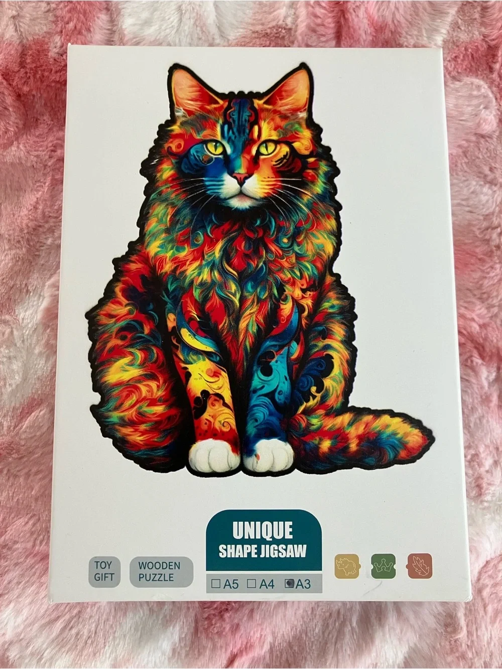 Unique Shape Wooden Cat Puzzle - Vibrant Red, Blue, Yellow, Green, Black